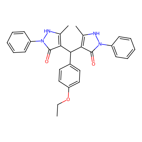 4,4'-[(4-ethoxyphenyl)methanediyl]bis(3-methyl-1-phenyl-1H-pyrazol-5-ol) structure