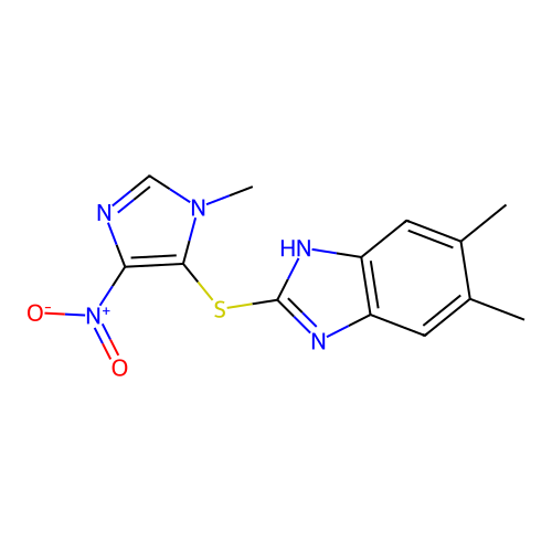 5,6-dimethyl-2-((1-methyl-4-nitro-1H-imidazol-5-yl)thio)-1H-benzo[d]imidazole structure