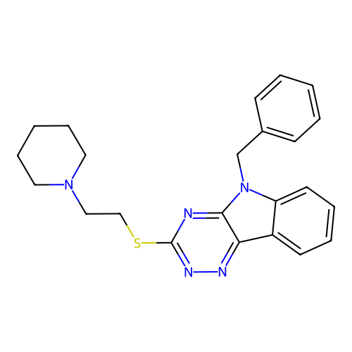 5-Benzyl-3-(2-piperidin-1-yl-ethylsulfanyl)-5H-[1,2,4]triazino[5,6-b]indole structure