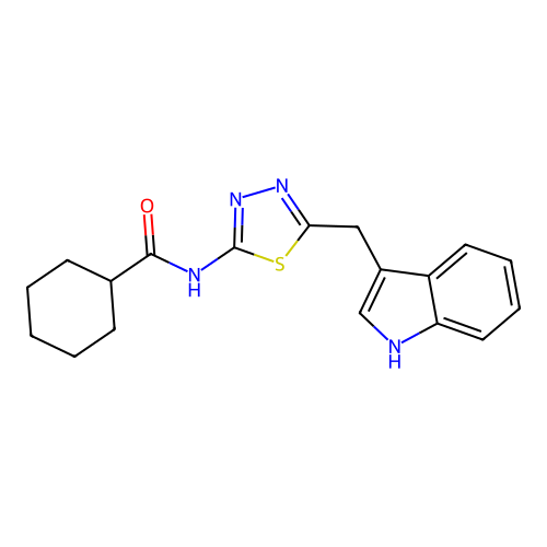 N-[5-(1H-indol-3-ylmethyl)-1,3,4-thiadiazol-2-yl]cyclohexanecarboxamide structure