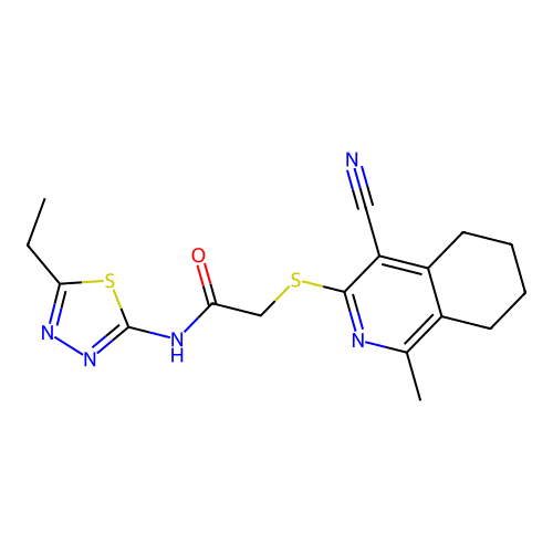 2-[(4-cyano-1-methyl-5,6,7,8-tetrahydroisoquinolin-3-yl)sulfanyl]-N-(5-ethyl-1,3,4-thiadiazol-2-yl)acetamide structure