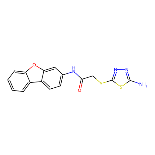2-[(5-amino-1,3,4-thiadiazol-2-yl)sulfanyl]-N-dibenzo[b,d]furan-3-ylacetamide structure