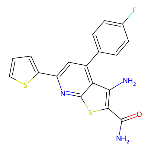 3-Amino-4-(4-fluorophenyl)-6-(thiophen-2-yl)thieno[2,3-b]pyridine-2-carboxamide structure