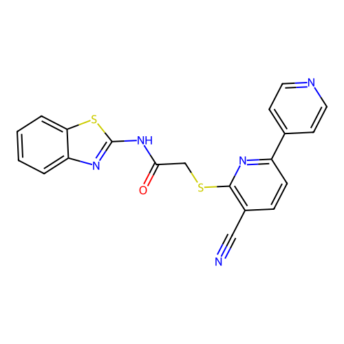 N-benzothiazol-2-yl-2-(3-cyano-6-(4-pyridyl)(2-pyridylthio))acetamide structure
