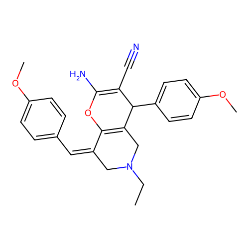 (Z)-2-amino-6-ethyl-8-(4-methoxybenzylidene)-4-(4-methoxyphenyl)-5,6,7,8-tetrahydro-4H-pyrano[3,2-c]pyridine-3-carbonitrile structure