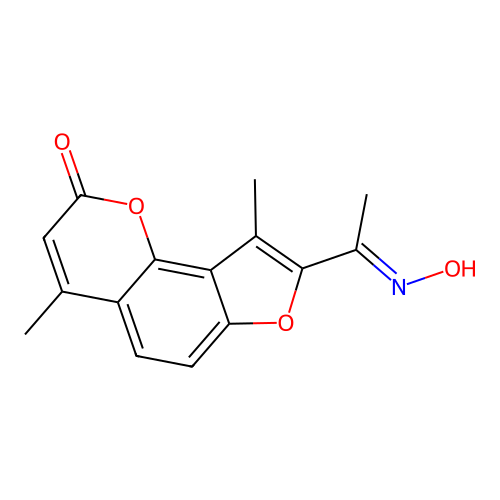 (E)-8-(1-(hydroxyimino)ethyl)-4,9-dimethyl-2H-furo[2,3-h]chromen-2-one structure