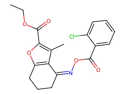 Ethyl (E)-4-(((2-chlorobenzoyl)oxy)imino)-3-methyl-4,5,6,7-tetrahydrobenzofuran-2-carboxylate structure