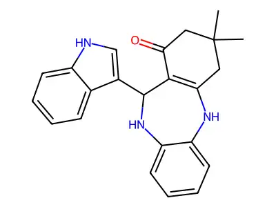 11-(1H-indol-3-yl)-3,3-dimethyl-2,3,4,5,10,11-hexahydro-1H-dibenzo[b,e][1,4]diazepin-1-one structure