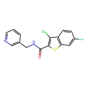 3-chloro-6-fluoro-N-(pyridin-3-ylmethyl)-1-benzothiophene-2-carboxamide structure