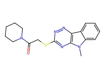 2-[(5-Methyl-[1,2,4]triazino[5,6-b]indol-3-yl)sulfanyl]-1-piperidin-1-ylethanone structure