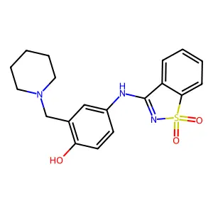 4-[(1,1-Dioxido-1,2-benzothiazol-3-yl)amino]-2-(piperidin-1-ylmethyl)phenol structure