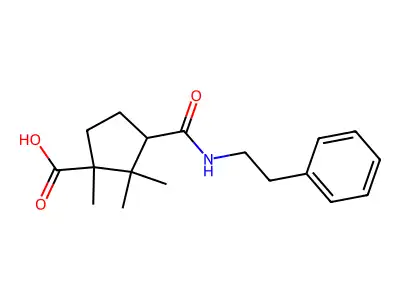 1,2,2-trimethyl-3-[N-(2-phenylethyl)carbamoyl]cyclopentanecarboxylic acid structure