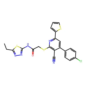 2-[4-(4-chlorophenyl)-3-cyano-6-thiophen-2-ylpyridin-2-yl]sulfanyl-N-(5-ethyl-1,3,4-thiadiazol-2-yl)acetamide structure