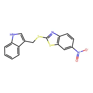 2-(1H-indol-3-ylmethylsulfanyl)-6-nitro-1,3-benzothiazole structure