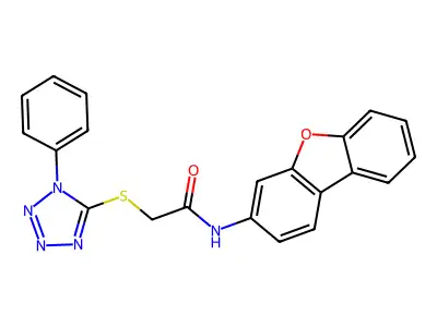 N-dibenzofuran-3-yl-2-(1-phenyltetrazol-5-yl)sulfanylacetamide structure
