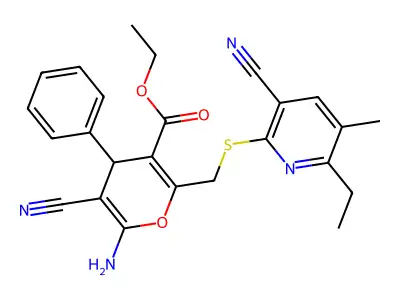 ethyl 6-amino-5-cyano-2-{[(3-cyano-6-ethyl-5-methylpyridin-2-yl)sulfanyl]methyl}-4-phenyl-4H-pyran-3-carboxylate structure