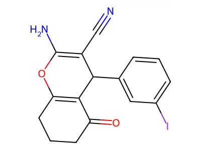 2-amino-4-(3-iodophenyl)-5-oxo-5,6,7,8-tetrahydro-4H-chromene-3-carbonitrile structure