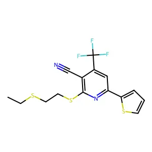 2-(2-ethylsulfanylethylsulfanyl)-6-thiophen-2-yl-4-(trifluoromethyl)pyridine-3-carbonitrile structure