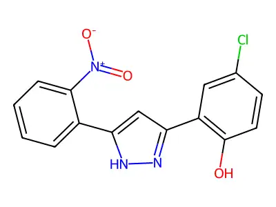 4-chloro-2-(5-(2-nitrophenyl)-1H-pyrazol-3-yl)phenol structure