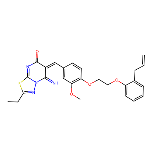 (6E)-2-ethyl-5-imino-6-(3-methoxy-4-{2-[2-(prop-2-en-1-yl)phenoxy]ethoxy}benzylidene)-5,6-dihydro-7H-[1,3,4]thiadiazolo[3,2-a]pyrimidin-7-one structure