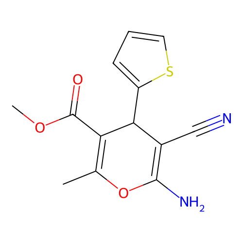 methyl 6-amino-5-cyano-2-methyl-4-(thiophen-2-yl)-4H-pyran-3-carboxylate structure