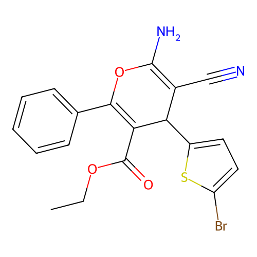 ethyl 6-amino-4-(5-bromothiophen-2-yl)-5-cyano-2-phenyl-4H-pyran-3-carboxylate structure