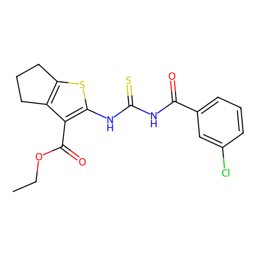 ethyl 2-({[(3-chlorophenyl)carbonyl]carbamothioyl}amino)-5,6-dihydro-4H-cyclopenta[b]thiophene-3-carboxylate structure
