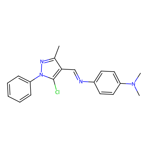 4-[(5-chloro-3-methyl-1-phenyl-pyrazol-4-yl)methylideneamino]-N,N-dimethyl-aniline structure