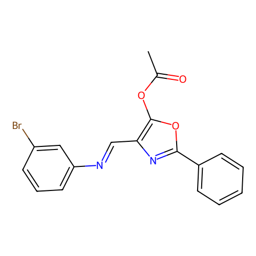 4-{(E)-[(3-bromophenyl)imino]methyl}-2-phenyl-1,3-oxazol-5-yl acetate structure