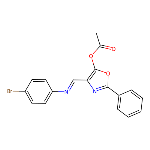 4-{(E)-[(4-bromophenyl)imino]methyl}-2-phenyl-1,3-oxazol-5-yl acetate structure