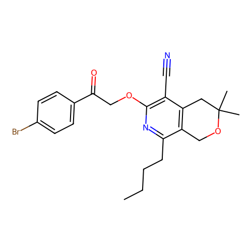 6-(2-(4-bromophenyl)-2-oxoethoxy)-8-butyl-3,3-dimethyl-3,4-dihydro-1H-pyrano[3,4-c]pyridine-5-carbonitrile structure