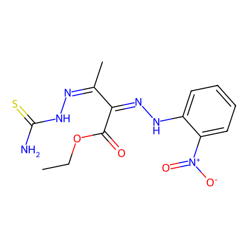 ethyl (2Z,3Z)-3-(carbamothioylhydrazinylidene)-2-[(2-nitrophenyl)hydrazinylidene]butanoate structure