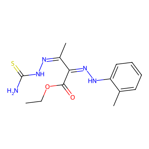 ethyl (2Z,3Z)-3-(carbamothioylhydrazinylidene)-2-[(2-methylphenyl)hydrazinylidene]butanoate structure