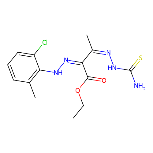 ethyl (2Z,3Z)-3-(carbamothioylhydrazinylidene)-2-[(2-chloro-6-methylphenyl)hydrazinylidene]butanoate structure