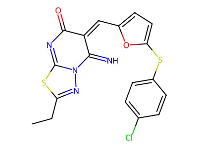 (6E)-6-[[5-(4-chlorophenyl)sulfanylfuran-2-yl]methylidene]-2-ethyl-5-imino-[1,3,4]thiadiazolo[3,2-a]pyrimidin-7-one structure