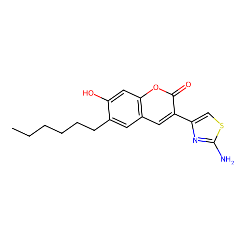 3-(2-amino-1,3-thiazol-4-yl)-6-hexyl-7-hydroxy-2H-chromen-2-one structure