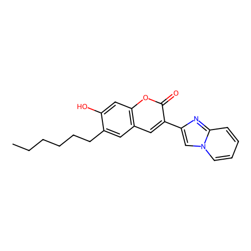 6-hexyl-7-hydroxy-3-(imidazo[1,2-a]pyridin-2-yl)-2H-chromen-2-one structure