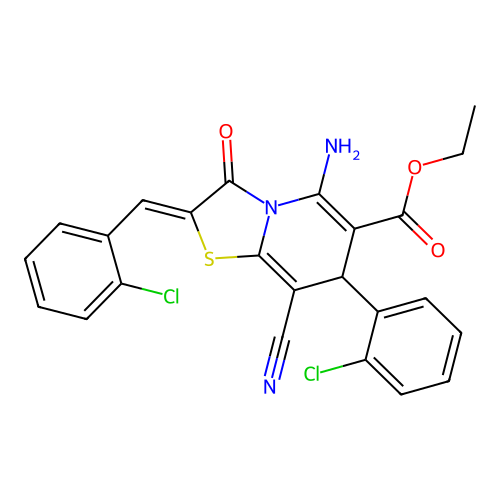 (Z)-ethyl 5-amino-2-(2-chlorobenzylidene)-7-(2-chlorophenyl)-8-cyano-3-oxo-3,7-dihydro-2H-thiazolo[3,2-a]pyridine-6-carboxylate structure