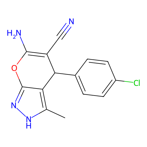 6-amino-4-(4-chlorophenyl)-3-methyl-1,4-dihydropyrano[2,3-c]pyrazole-5-carbonitrile structure