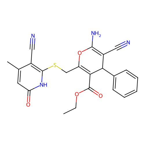 ethyl 6-amino-5-cyano-2-(((3-cyano-4-methyl-6-oxo-1,6-dihydropyridin-2-yl)thio)methyl)-4-phenyl-4H-pyran-3-carboxylate structure