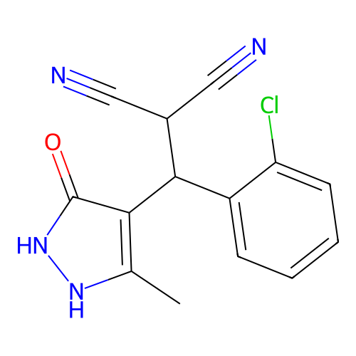 [(2-chlorophenyl)(3-hydroxy-5-methyl-1H-pyrazol-4-yl)methyl]propanedinitrile structure