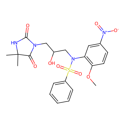 N-[3-(4,4-dimethyl-2,5-dioxoimidazolidin-1-yl)-2-hydroxypropyl]-N-(2-methoxy-5-nitrophenyl)benzenesulfonamide structure