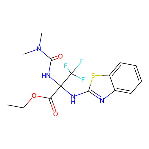 ethyl 2-(1,3-benzothiazol-2-ylamino)-2-(dimethylcarbamoylamino)-3,3,3-trifluoropropanoate structure