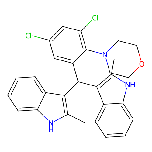 4-(2-(bis(2-methyl-1H-indol-3-yl)methyl)-4,6-dichlorophenyl)morpholine structure