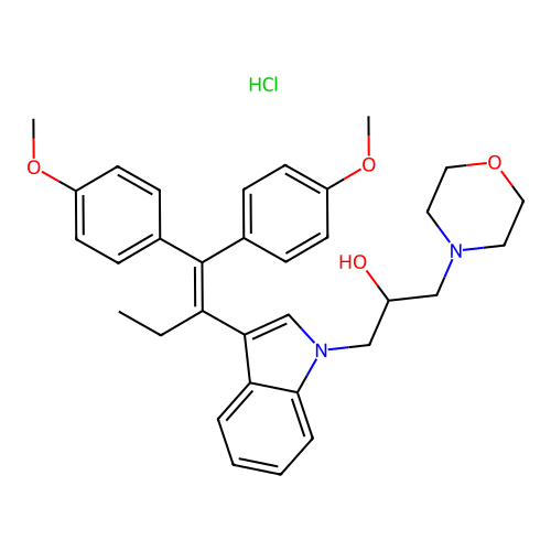 1-(3-(1,1-bis(4-methoxyphenyl)but-1-en-2-yl)-1H-indol-1-yl)-3-morpholinopropan-2-ol hydrochloride structure