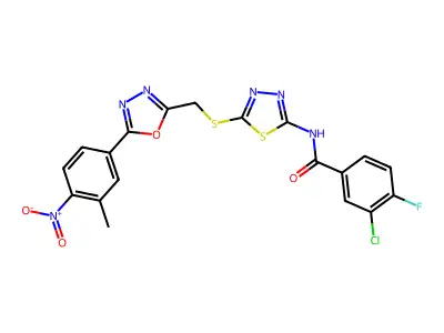 3-chloro-4-fluoro-N-(5-((5-(3-methyl-4-nitrophenyl)-1,3,4-oxadiazol-2-yl)methylthio)-1,3,4-thiadiazol-2-yl)benzamide structure