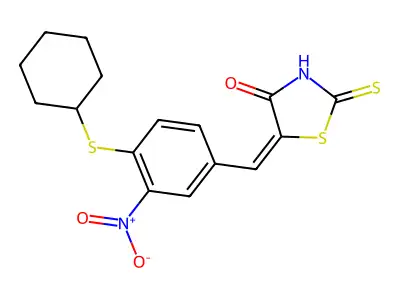 5-[(4-cyclohexylsulfanyl-3-nitrophenyl)methylidene]-2-sulfanylidene-1,3-thiazolidin-4-one structure