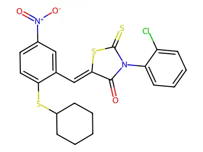 3-(2-chlorophenyl)-5-[(2-cyclohexylsulfanyl-5-nitrophenyl)methylidene]-2-sulfanylidene-1,3-thiazolidin-4-one structure