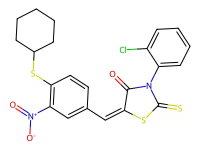 3-(2-chlorophenyl)-5-{[4-(cyclohexylsulfanyl)-3-nitrophenyl]methylene}-2-thioxo-1,3-thiazolan-4-one structure