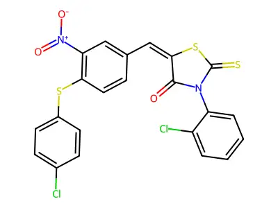 3-(2-chlorophenyl)-5-({4-[(4-chlorophenyl)sulfanyl]-3-nitrophenyl}methylene)-2-thioxo-1,3-thiazolan-4-one structure